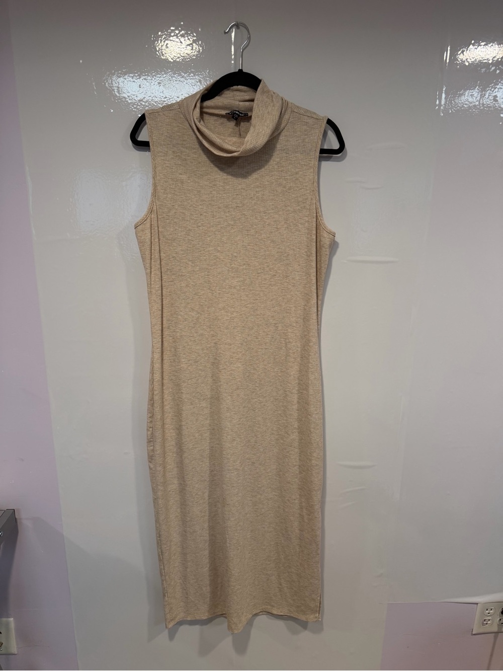 Sleeveless Express Turtleneck Midi Dress in Beige
